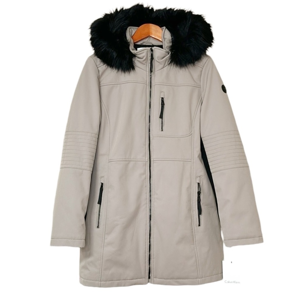 Calvin Klein Gray Puffer Jacket with Black Fur Hood